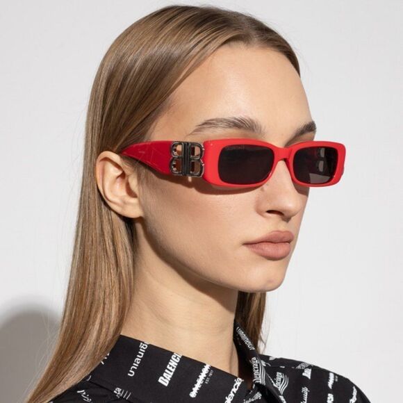 NEW Balenciaga BB0096S 015 Red Silver Logo Rectangle Unisex Sunglasses - Picture 1 of 13